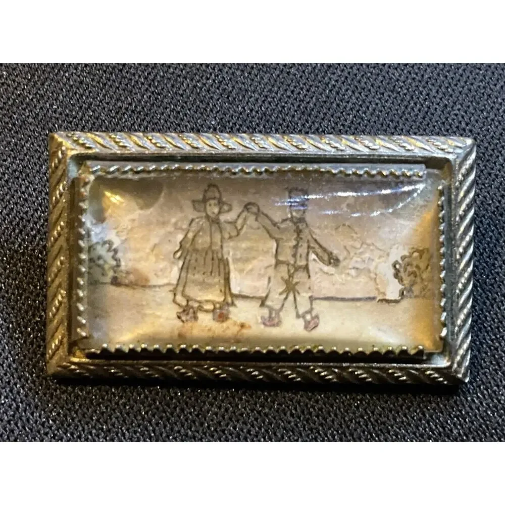 Antique Scrimshaw Hand Painted Figurines On Landscape W/ C Clasp